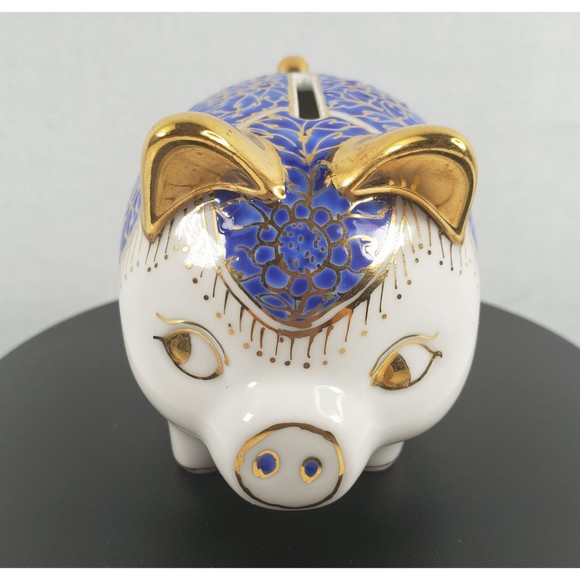 Vintage Ceramic Hand Painted Blue Gold Piggy Bank Marked JM Made In Thailand EUC - Picture 11 of 16